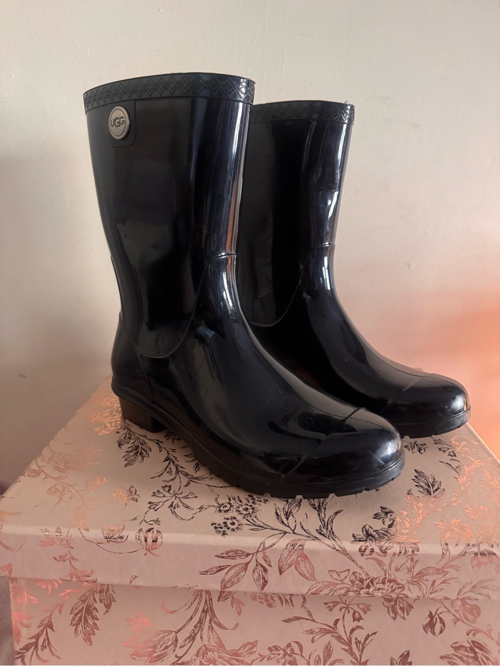 UGG Women's Glossy Black Mid-Calf Rain Boots